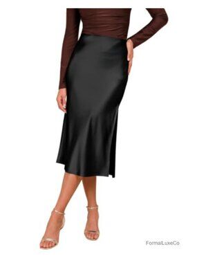 Satin Midi Skirt High Waisted Side Slit A-Line